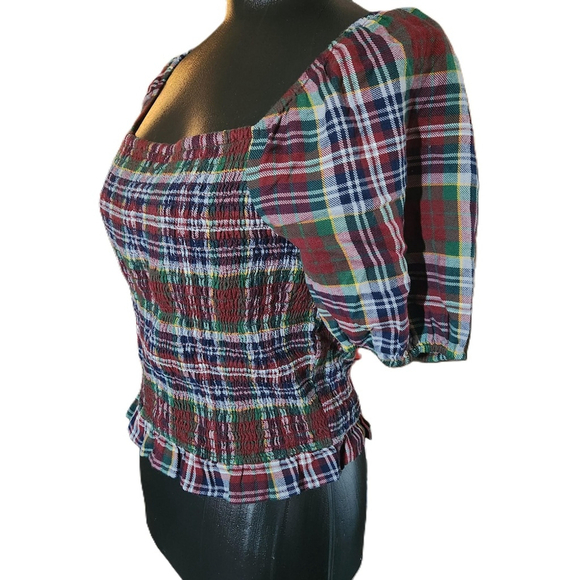 American Eagle Womens Plaid Puff Sleeve Smocked Crop Top Large - Picture 3 of 8